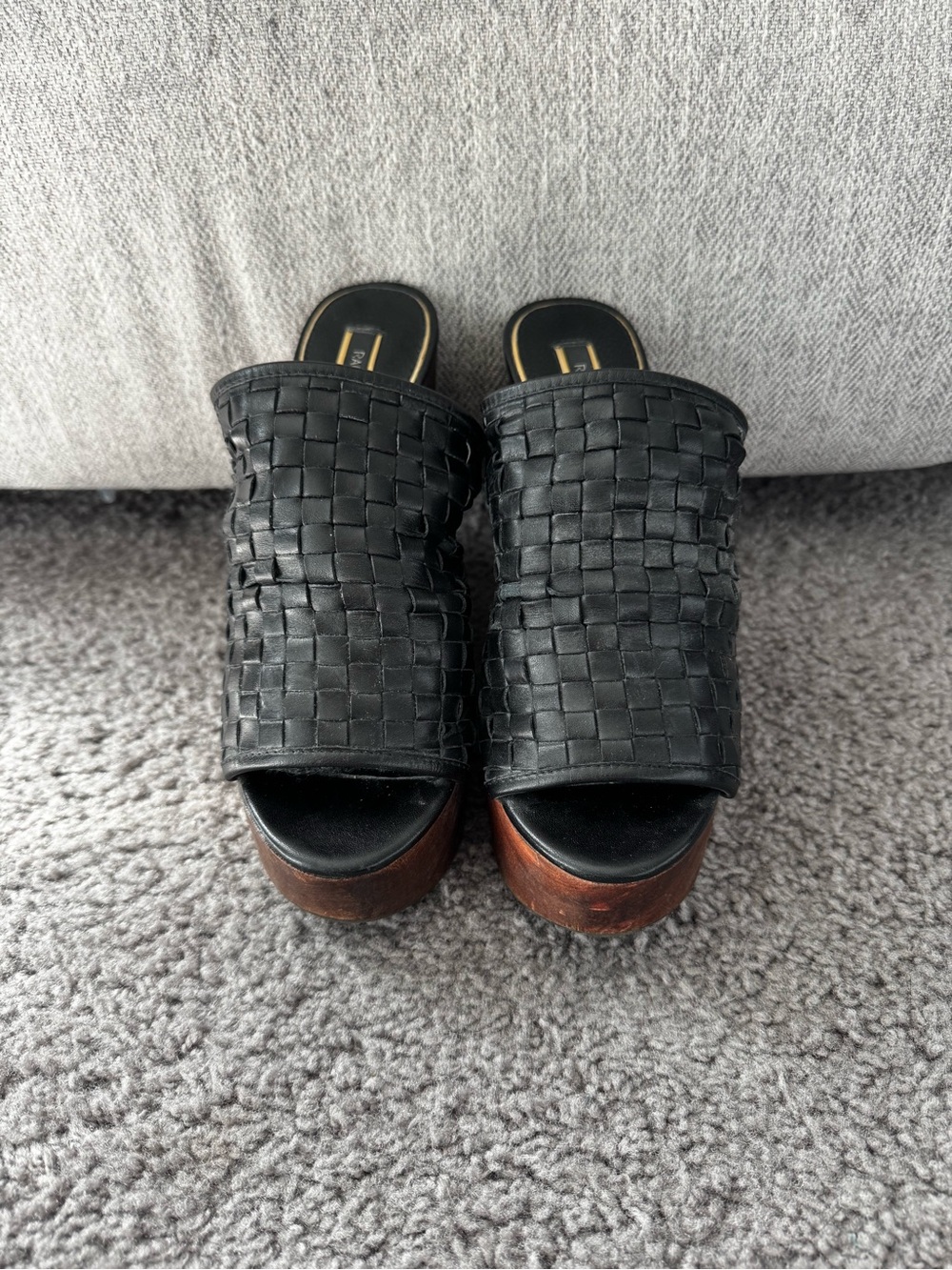 Rachel Zoe Black Woven Leather Platform Slide Sandals with Wood-Look Sole